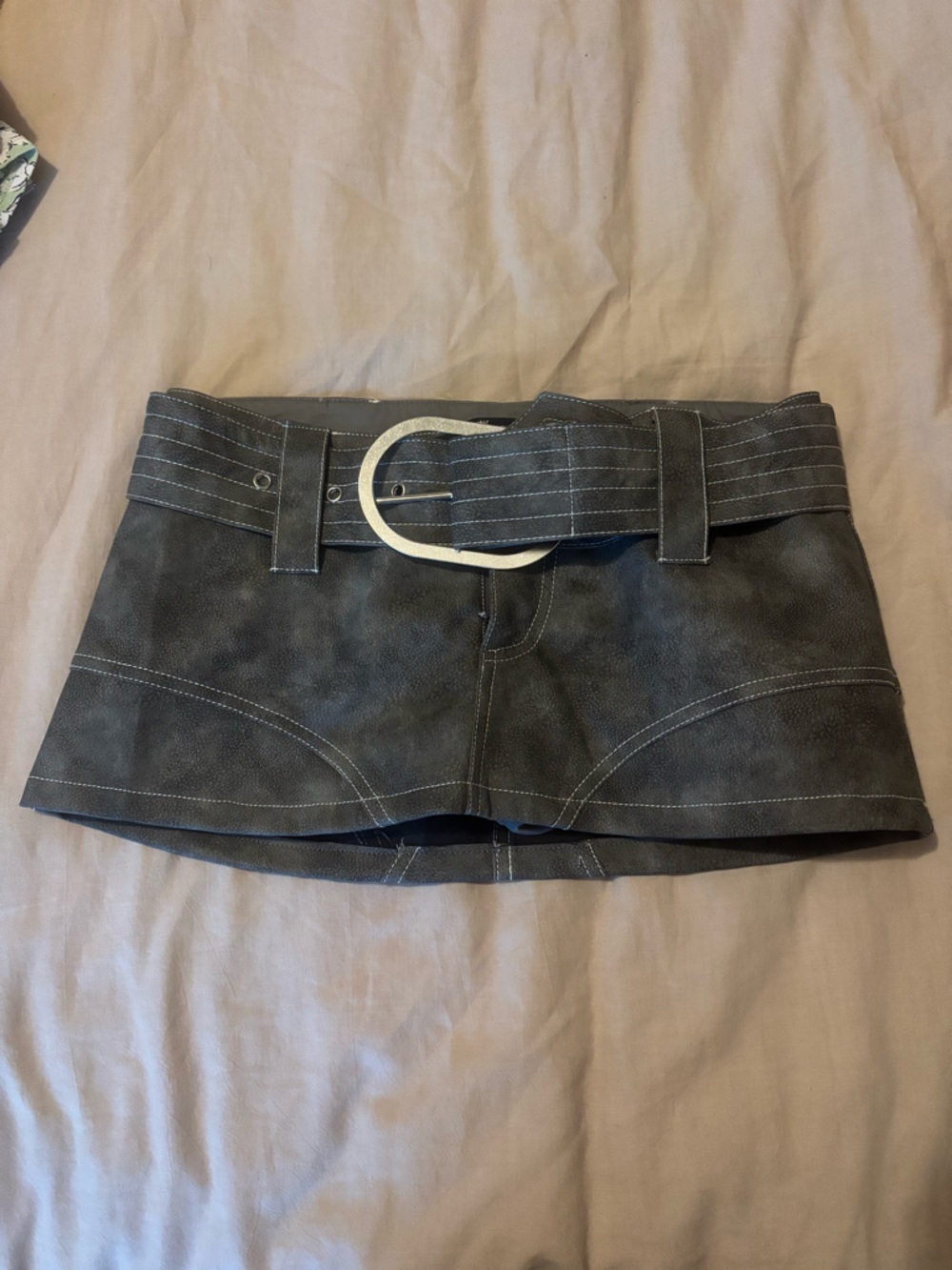 Bandage-Style Mini Skirt with Contrast Stitching in Charcoal Gray